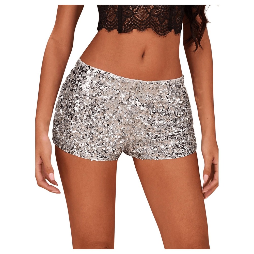 NWT Floerns Silver Sequin Mini Shorts Low Rise Festival Club Party Medium